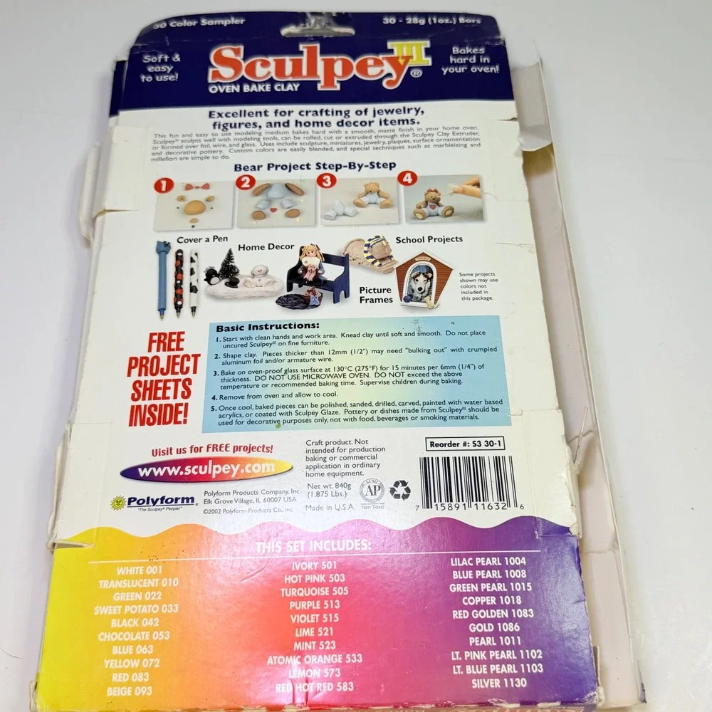 Sculpey III Oven Bake Clay 30 Color Sampler 1oz Bars Multicolored S3 30-1